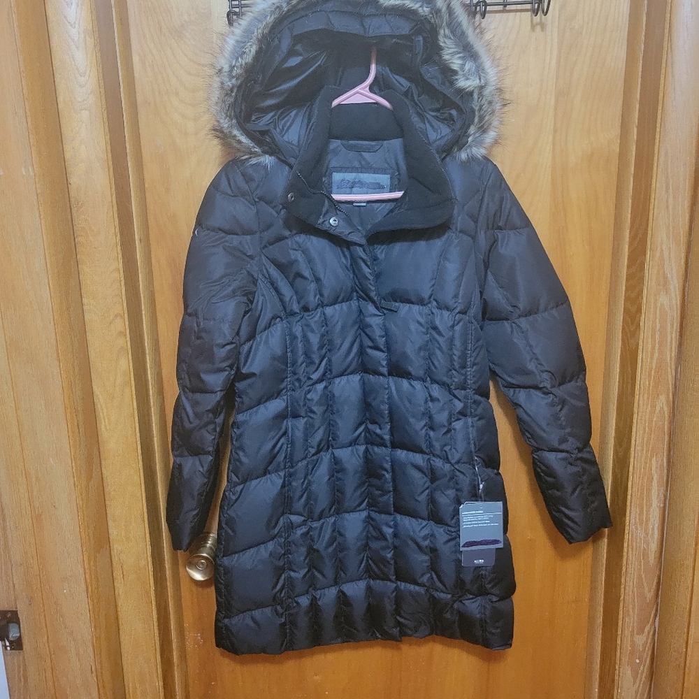 Women's Black Puffer Jacket with Faux Fur Hood